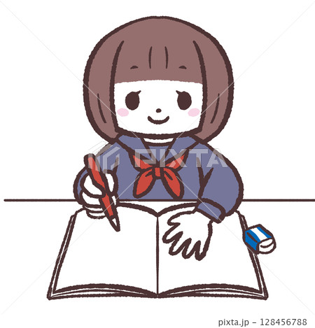 ノートに書く女子生徒のイラスト 128456788