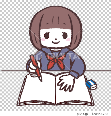 Illustration of a female student writing in a notebook 128456788