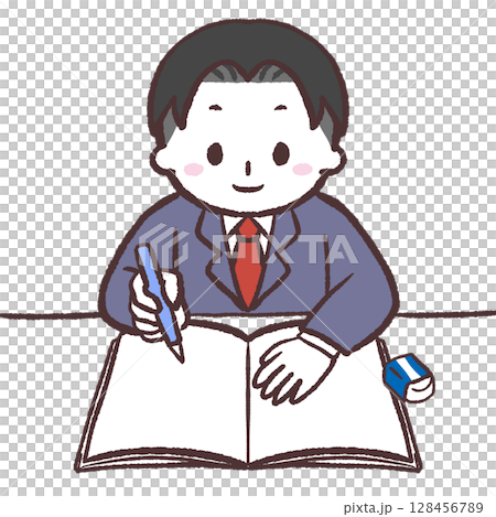 Illustration of a male student spreading out his notebook 128456789