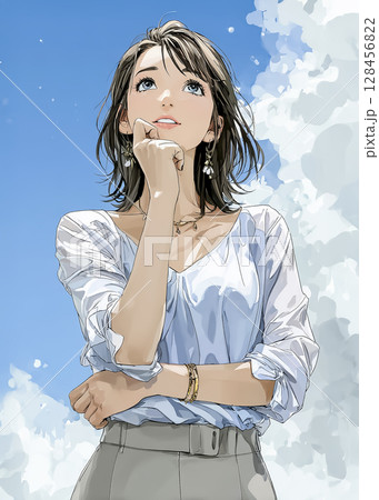 空を見上げて悩むビジネスウーマンのイラスト素材　頬杖 128456822