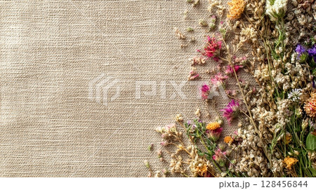 Dried flowers forming a colorful border on burlap fabric 128456844