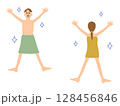 バスタオルを身体に巻いて万歳する男女のイラストセット_顔入り 128456846