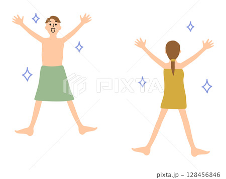 バスタオルを身体に巻いて万歳する男女のイラストセット_顔入り 128456846