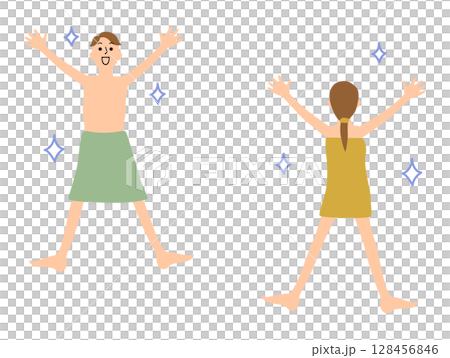 Illustration set of men and women wrapping bath towels around their bodies and cheering with their faces 128456846