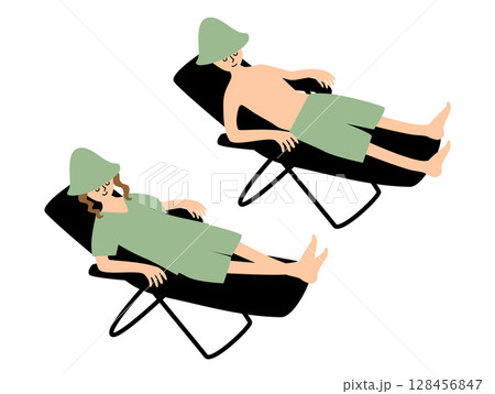 ととのい椅子に寝転ぶ男女のイラストセット_顔入り 128456847