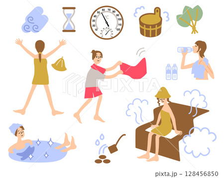 サウナ関連グッズと女性イラストセット_顔入り 128456850