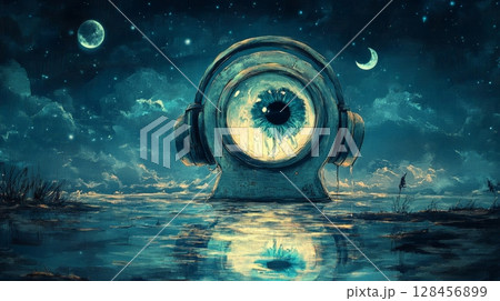 Giant eye with headphones listening to music under the night sky 128456899