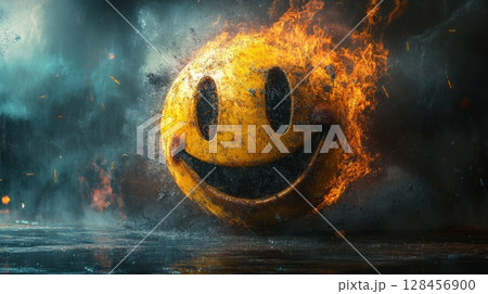 Burning smiley face is exploding with flames and smoke 128456900