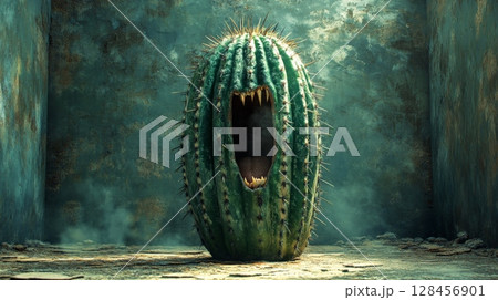 Screaming mutant cactus with sharp thorns in a dark room 128456901