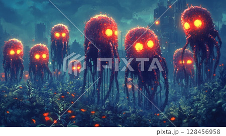 Glowing red alien creatures invading futuristic city at night 128456958