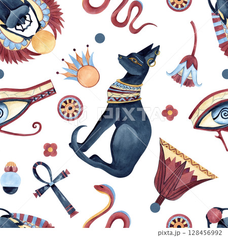 Egyptian style seamless pattern, symbols, ancient ornaments. Bastet, Scarab beetle, Eye of Horus, Ankh, geometric figures, abstract flowers lotus. Watercolor illustration isolated from background 128456992