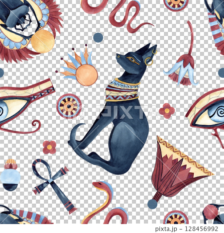 Egyptian style seamless pattern, symbols, ancient ornaments. Bastet, Scarab beetle, Eye of Horus, Ankh, geometric figures, abstract flowers lotus. Watercolor illustration isolated from background Egyptian style seamless pattern, symbols, ancient ornaments. Bastet, Scarab beetle, Eye of Horus, Ankh, geometric figures, abstract flowers lotus. Watercolor illustration isolated from background 128456992