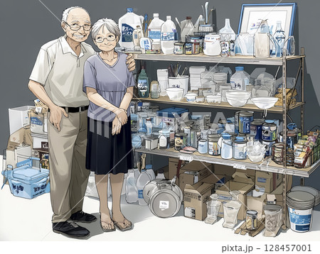 非常食を備蓄するシニア夫婦のイラスト素材 128457001