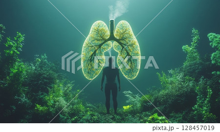 Man contemplating glowing green lungs in lush forest representing environmental health Man contemplating glowing green lungs in lush forest representing environmental health 128457019
