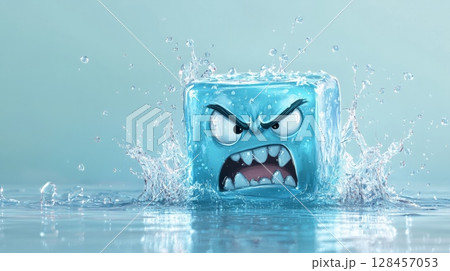 Angry ice cube splashing in water with aggressive expression 128457053