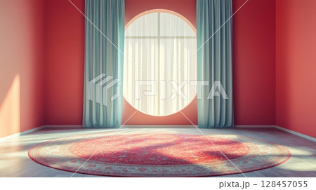 Empty room with round window and red circular carpet Empty room with round window and red circular carpet 128457055