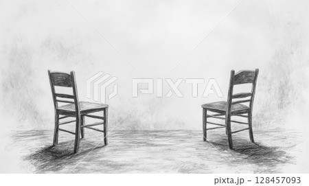 Two empty chairs facing each other in a charcoal drawing 128457093