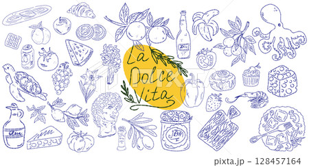 Set of hand drawn summer food icons. Mediterranean la dolce vita. Sketchy whimsical style 128457164