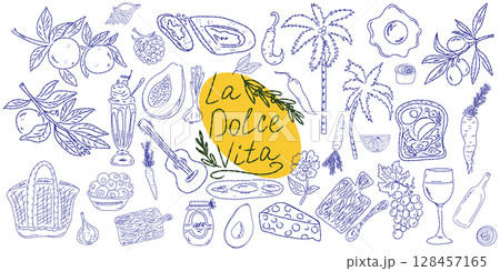 Set of hand drawn summer food icons. Mediterranean la dolce vita. Sketchy whimsical style 128457165