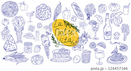 Set of hand drawn summer food icons. Mediterranean la dolce vita. Sketchy whimsical style 128457166