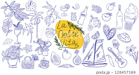 Set of hand drawn summer food icons. Mediterranean la dolce vita. Sketchy whimsical style 128457169