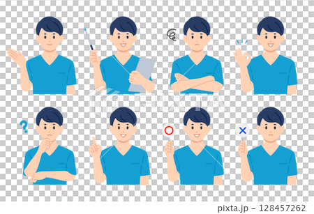 いろいろな表情･ポーズをする男性看護師･医師･技師のセット【人物ベクターイラスト素材】 128457262