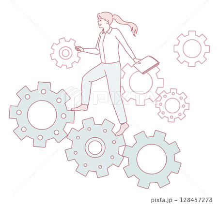 A dedicated businesswoman skillfully navigating the intricate gears of a creative workspace 128457278