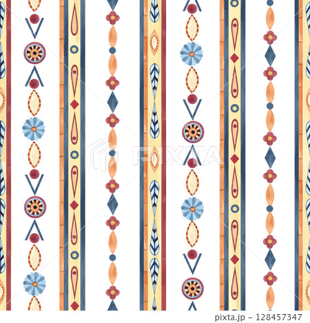 Ethnic seamless pattern, ancient symbols African culture, geometric figures, abstract flowers. Watercolor clip art isolated from background. Ornate for textile, souvenir products, stationery, fabric 128457347