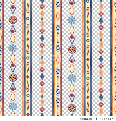 Ethnic seamless pattern, ancient symbols African culture, geometric figures, abstract flowers. Watercolor clip art isolated from background. Ornate for textile, souvenir products, stationery, fabric 128457347