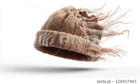 上部が裂けて毛羽立ったベージュのニット帽が空中に浮かんでいる 128457463