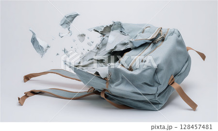 ブルーグレーのリュックが裂けて破片が飛散する印象的な場面 128457481