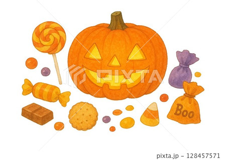ハロウィンとジャックオランタンと黄色いカボチャとハート 128457571