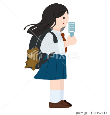 女子高生がハンディファンを持って立っている手描きカラーイラスト 128457613