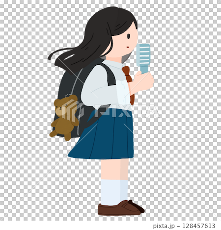 女子高生がハンディファンを持って立っている手描きカラーイラスト 128457613