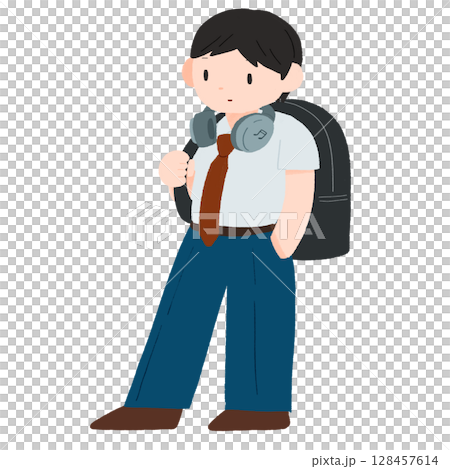 Hand-drawn color illustration of a male high school student standing with headphones around his neck Hand-drawn color illustration of a male high school student standing with headphones around his neck 128457614