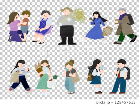 Set of hand-drawn color deformed illustrations of people of various ages Set of hand-drawn color deformed illustrations of people of various ages 128457615