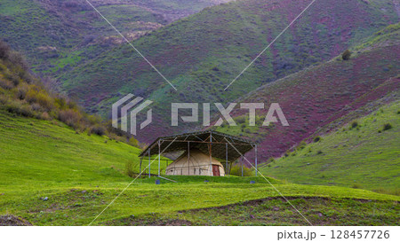 Yurt under metal shelter in serene hilly landscape Yurt under metal shelter in serene hilly landscape 128457726