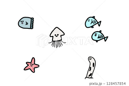 ゆるい海の生き物イラストセット 128457854