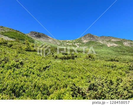 Lush green hills under a clear blue sky. Lush green hills under a clear blue sky. 128458057