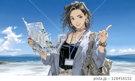 リゾートでガイドをする女性のイラスト素材 128458152