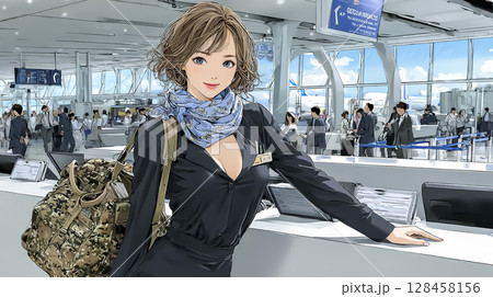 飛行場で観光客を誘導する女性のイラスト素材 128458156