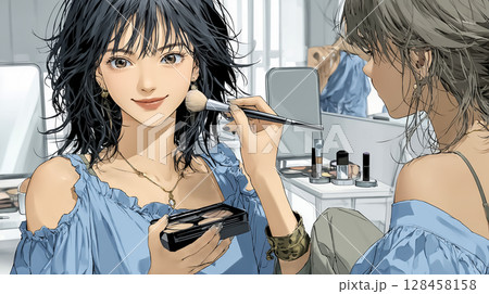 メイクされるモデルとメイクアップアーティストのイラスト素材 128458158
