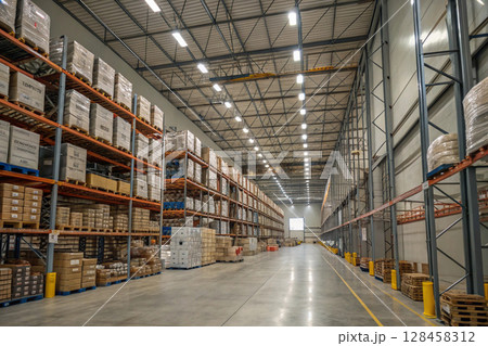 Interior of large warehouse with organized shelves and pallets. Interior of large warehouse with organized shelves and pallets. 128458312