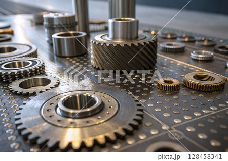 Assorted industrial gears on textured metal surface. 128458341