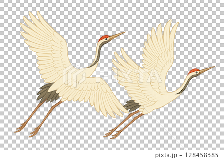 Cranes flying gracefully, symbolizing mid autumn festival, isolated on transparent 128458385