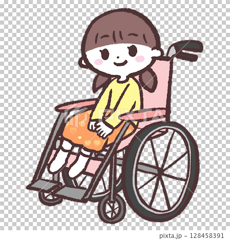 Illustration of a girl sitting in a wheelchair Illustration of a girl sitting in a wheelchair 128458391