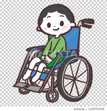 Illustration of a boy sitting in a wheelchair 128458394