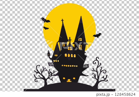 ハロウィーンのお城のシルエット　月とコウモリ 128458624