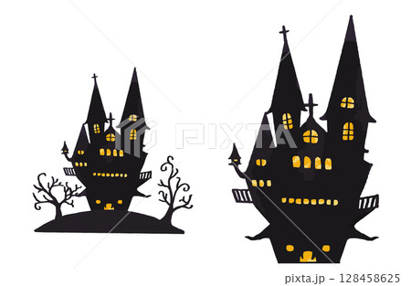 ハロウィーンのお城のシルエットイラスト 128458625