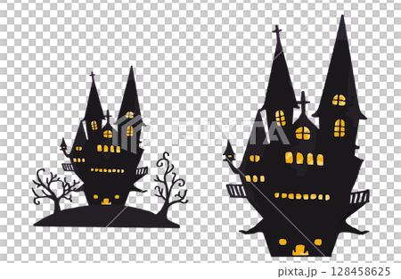 ハロウィーンのお城のシルエットイラスト 128458625